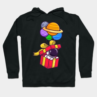 Cute Astronaut In Box Floating With Planet Balloon Cartoon Hoodie